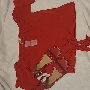 Red off the shoulder blouse and red sandals combo